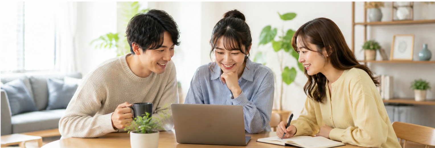 ノートパソコンを囲んで会話を楽しむ3人